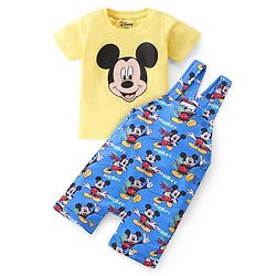 Babyhug Disney Single Jersey Knit  Dungaree with Half Sleeve T-Shirt  & Mickey Mouse  Print - Yellow & Blue