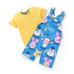 Babyhug Disney Single Jersey Knit Dungaree With Half Sleeves T-Shirt Winnie The Pooh Print - Blue & Yellow