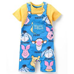 Babyhug Disney Single Jersey Knit Dungaree With Half Sleeves T-Shirt Winnie The Pooh Print - Blue & Yellow