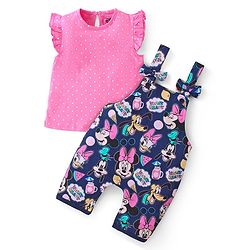 Babyhug Disney Single Jersey Knit  Dungaree with Frill Sleeve T-Shirt with Frill Detailing & Minnie Mouse Family  Print - Navy Blue & Pink