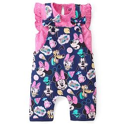 Babyhug Disney Single Jersey Knit  Dungaree with Frill Sleeve T-Shirt with Frill Detailing & Minnie Mouse Family  Print - Navy Blue & Pink