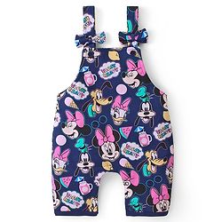 Babyhug Disney Single Jersey Knit  Dungaree with Frill Sleeve T-Shirt with Frill Detailing & Minnie Mouse Family  Print - Navy Blue & Pink