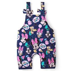 Babyhug Disney Single Jersey Knit  Dungaree with Frill Sleeve T-Shirt with Frill Detailing & Minnie Mouse Family  Print - Navy Blue & Pink