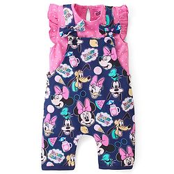 Babyhug Disney Single Jersey Knit  Dungaree with Frill Sleeve T-Shirt with Frill Detailing & Minnie Mouse Family  Print - Navy Blue & Pink