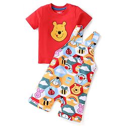 Babyhug Disney Cotton Knit Single Jersey Dungaree & Half Sleeve T-Shirt with Winnie the Pooh Print - Red