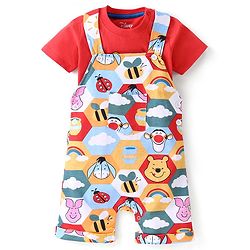 Babyhug Disney Cotton Knit Single Jersey Dungaree & Half Sleeve T-Shirt with Winnie the Pooh Print - Red