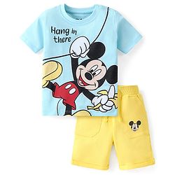 Babyhug Disney Single Jersey Knit Half Sleeves T-Shirt And Shorts Set With Mickey Mouse Graphics - Blue & Yellow
