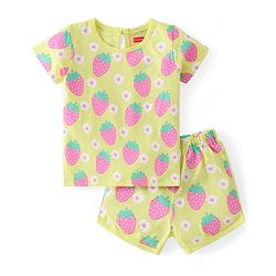 Babyhug Cotton Knit Half Sleeves Night Suit With Strawberries Print - Yellow