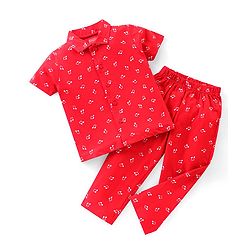 Babyhug Single Jersey Knit Half Sleeves Night Suit Musical Notes Print - Red