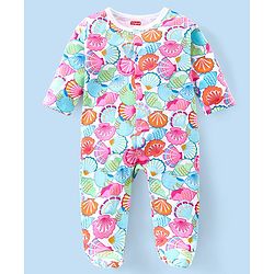 Babyhug Interlock Knit Full Sleeves Footed Sleep Suit Seashell Print - Multicolor