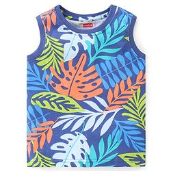 Babyhug Cotton Knit Sleeveless T-Shirt with Leaf Print - Navy Blue