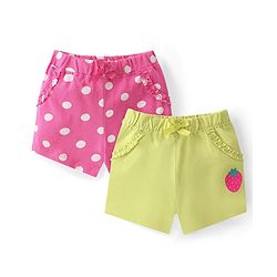 Babyhug Single Jersey Cotton Knit Mid Thigh Length Polka Dots & Strawberry Print Shorts Pack of 2 - Pink & Green