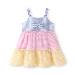 Babyhug Rayon Woven Sleeveless Frock With Bow Applique - Blue Pink & Yellow