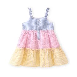 Babyhug Rayon Woven Sleeveless Frock With Bow Applique - Blue Pink & Yellow