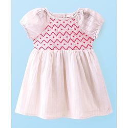 Babyhug 100% Cotton Knit Half Sleeves Frock With Shapes Print - White & Pink