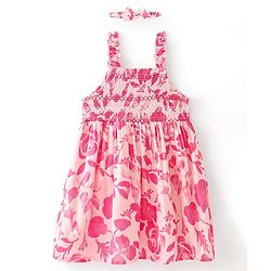 Babyhug Rayon Woven Sleeveless Frock With Headband Floral Print - Pink