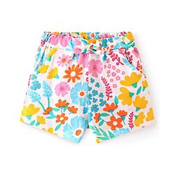 Babyhug Cotton Knit Single Jersey Mid Thigh Shorts With Floral Print - Pink & White