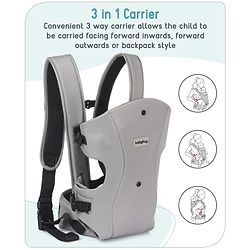 Babyhug  Elegant 3-in-1 Baby Carrier: Lightweight, Breathable fabric, Ergonomic design, Padded straps, Waist belt, 3 carry positions (inward, outward, back), Adjustable seat, Washable cover, Supports up to 15 kg- Grey