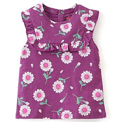 Babyhug 100% Cotton Knit  Sleeveless Top with Frill Detailing & Floral  Print - Purple