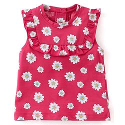 Babyhug 100% Cotton Knit Sleeveless Top with Frill Detailing & Floral Print - Dark Pink