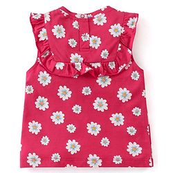Babyhug 100% Cotton Knit Sleeveless Top with Frill Detailing & Floral Print - Dark Pink