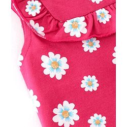 Babyhug 100% Cotton Knit Sleeveless Top with Frill Detailing & Floral Print - Dark Pink