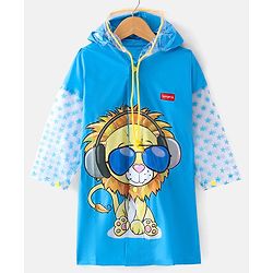 Babyhug Full Sleeves Knee Length Raincoat Lion Roar Print - Sky Blue