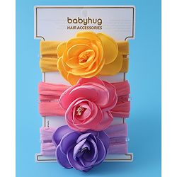 Babyhug Free Size Headbands With Flower Applique Pack of 3 - Yellow Pink & Purple