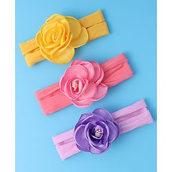 Babyhug Free Size Headbands With Flower Applique Pack of 3 - Yellow Pink & Purple