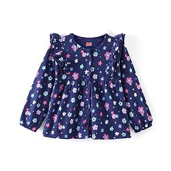 Babyhug 100% Cotton Knit Full Sleeves Front-Open Floral Printed Top with Frill Detailing - Navy Blue