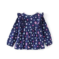 Babyhug 100% Cotton Knit Full Sleeves Front-Open Floral Printed Top with Frill Detailing - Navy Blue