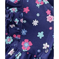 Babyhug 100% Cotton Knit Full Sleeves Front-Open Floral Printed Top with Frill Detailing - Navy Blue