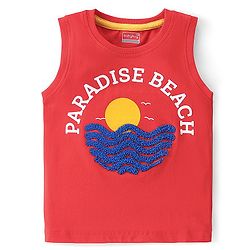 Babyhug   Cotton Knit Sleeveless T-Shirt with Wave Embroidery  & Text  Print - Red