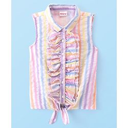 Babyhug Woven Sleeveless Front Open Striped  Top with Knot and Frill Detailing - Multicolour