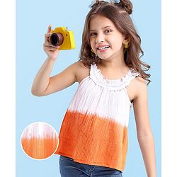 Babyhug Cotton Crinkle Woven Sleeveless Top with Frills and Gradient Effect - Orange & White