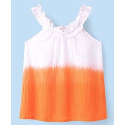 Babyhug Cotton Crinkle Woven Sleeveless Top with Frills and Gradient Effect - Orange & White