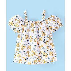 Babyhug Rayon Woven Gathered Half Sleeves Top With Floral Print - White Yellow & Blue