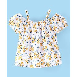 Babyhug Rayon Woven Gathered Half Sleeves Top With Floral Print - White Yellow & Blue
