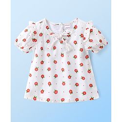 Babyhug Rayon Woven Half Sleeves Gathered Top with Frills & Floral Print - White