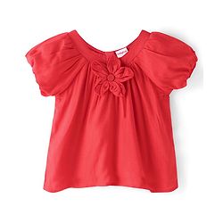 Babyhug Rayon  Gathered Half Sleeves Woven Top With Floral Corsage - Red
