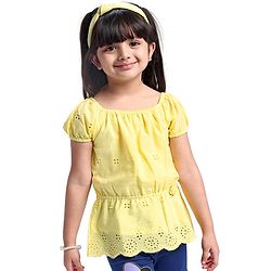 Babyhug Cotton Woven  Half Sleeves  Top with Floral Corsage Solid Colour - Yellow