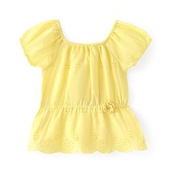 Babyhug Cotton Woven  Half Sleeves  Top with Floral Corsage Solid Colour - Yellow