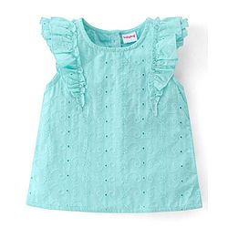 Babyhug 100% Cotton Woven Sleeveless Chikankari Top with Frill Detailing - Light Blue