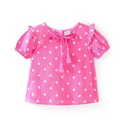 Babyhug Rayon Woven Half Sleeves Polka Dots & Frill Detailing Top - Pink