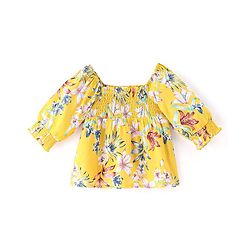 Babyhug Rayon Woven Half Sleeves Top With Smoking Detailing Floral Print - Mustard