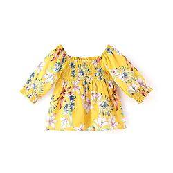 Babyhug Rayon Woven Half Sleeves Top With Smoking Detailing Floral Print - Mustard
