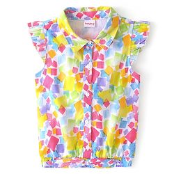 Babyhug Rayon Front Open Half Sleeves Woven Top With Frills, Knot & Abstract Print - Multicolor