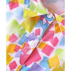 Babyhug Rayon Front Open Half Sleeves Woven Top With Frills, Knot & Abstract Print - Multicolor