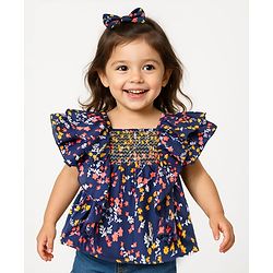 Babyhug Rayon Woven Half Sleeves Cropped Top With Smocking & Frills Detailing Floral Print - Blue