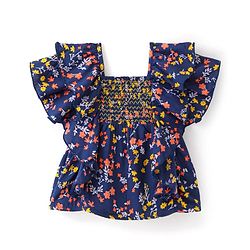 Babyhug Rayon Woven Half Sleeves Cropped Top With Smocking & Frills Detailing Floral Print - Blue